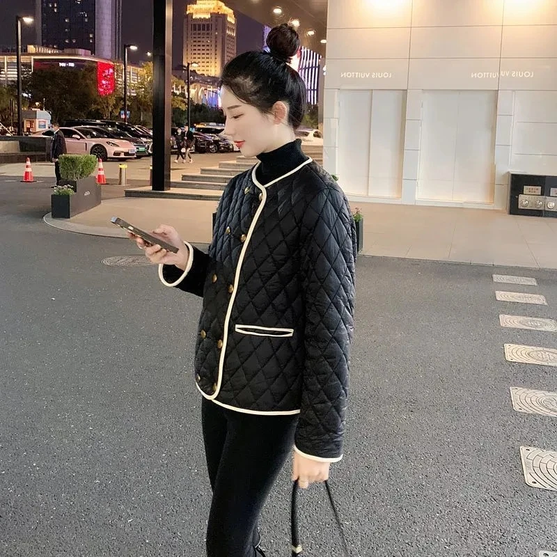 2024 New Women's Autumn Winter Jacket Double Breasted Buckle Lightweight Cotton Coat Warm Casual Fashion Short Top Coat Female