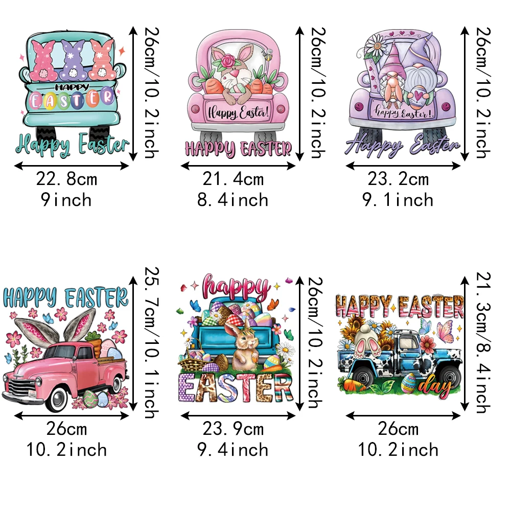 衣類用熱転写印刷パッチ、洗えるステッカー、イースタートラック、ウサギ、ニンジン、卵、6個