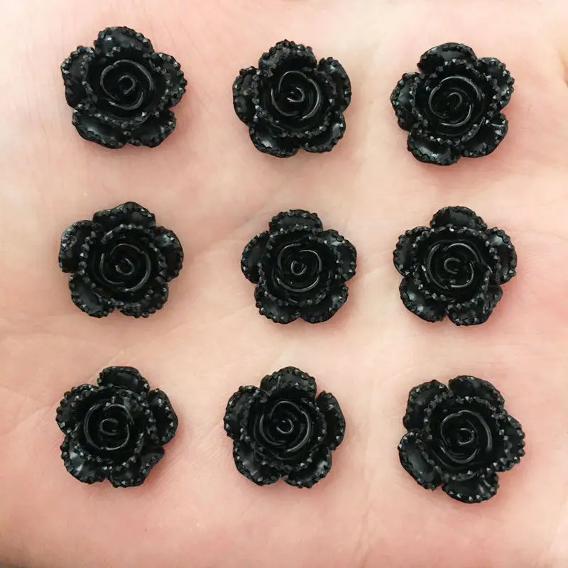 40Pcs 14mm Resin Black Rose Flatback Flower Stone Gems Scrapbook Wedding Ornaments Applique Crafts DIY SD737