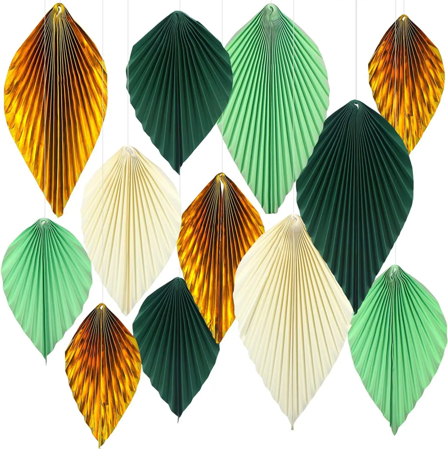 Green Beige Gold Paper Leaf Fan Flower Hanging Background Decoration for Birthday Wedding Party Classroom Wall Backdrop Supplies