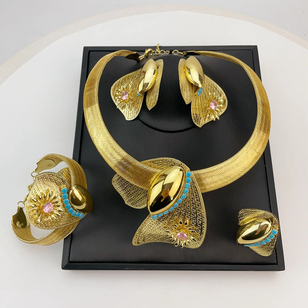 مجموعة مجوهرات الأزياء النسائية من EMMA، زوج من قلادة وأقراط برازيلية مطلية بالذهب لمجموعة هدايا إكسسوارات الحفلات