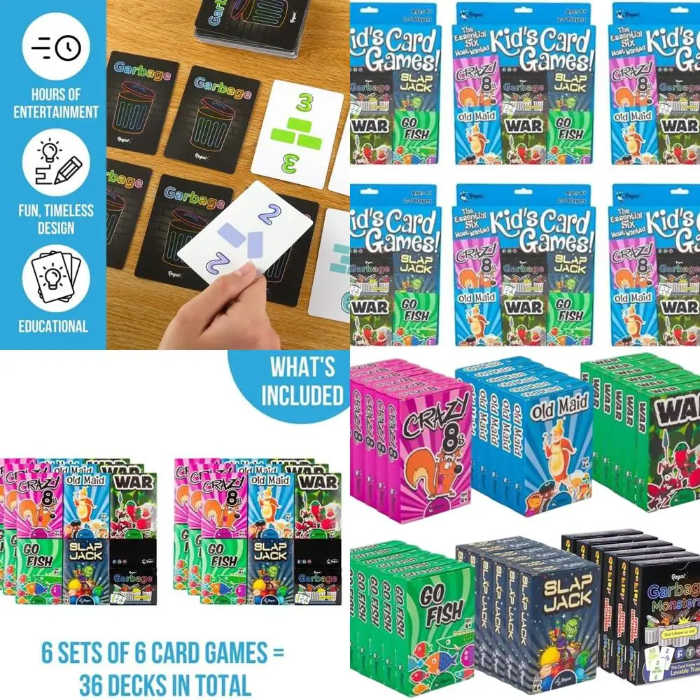 

Classic Kids' Card Games Collection: Go Fish, Crazy Eights, Old Maid, Slap Jack, Garbage Monsters, War - Fun Family Card Sets (6