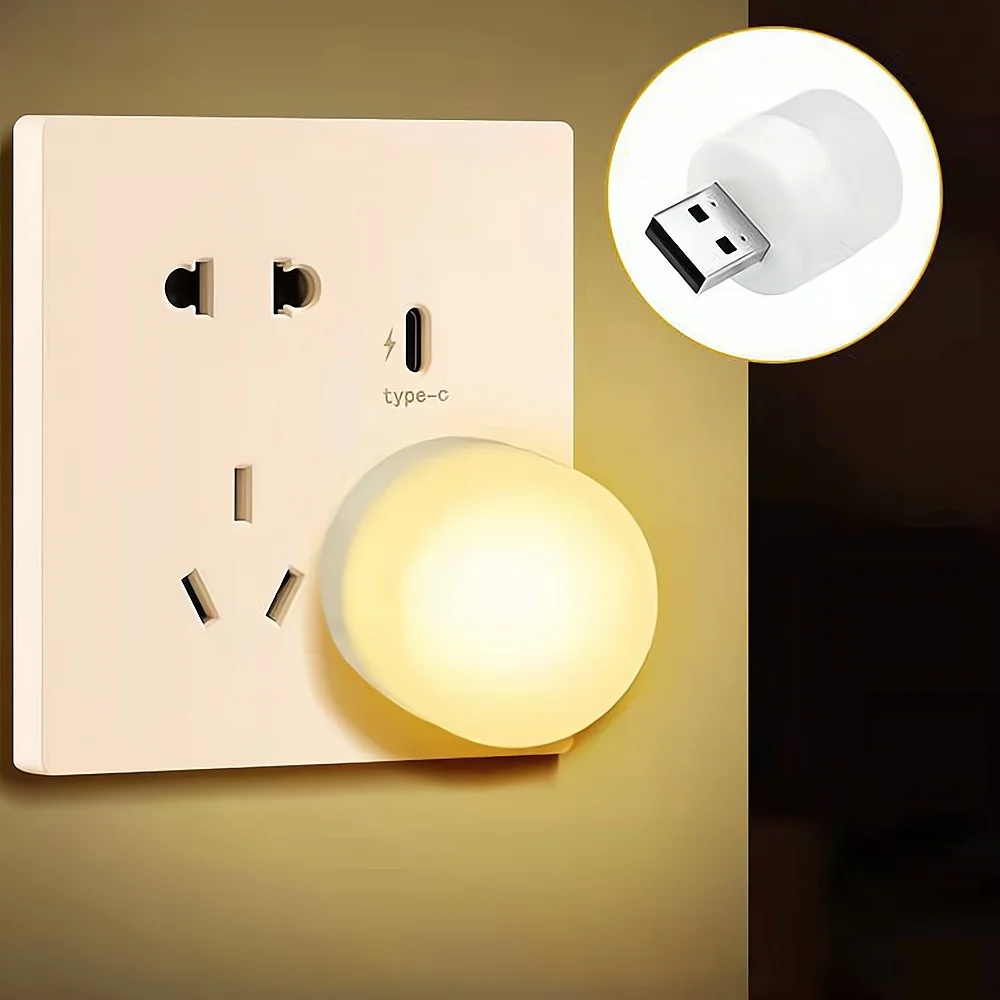 LED USB Plug Lamp Computer Mobile Power Charging Small Book Protection Reading Round Night Light Illumination Birthday Present