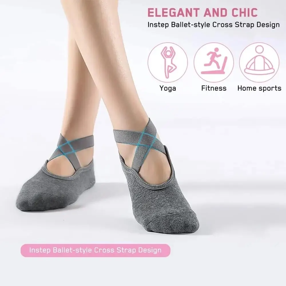 2 Pairs Women Yoga Socks Silicone Anti-slip Ballet Pilates Socks Cotton Ladies Backless Breathable Bandage Dance Sports Socks