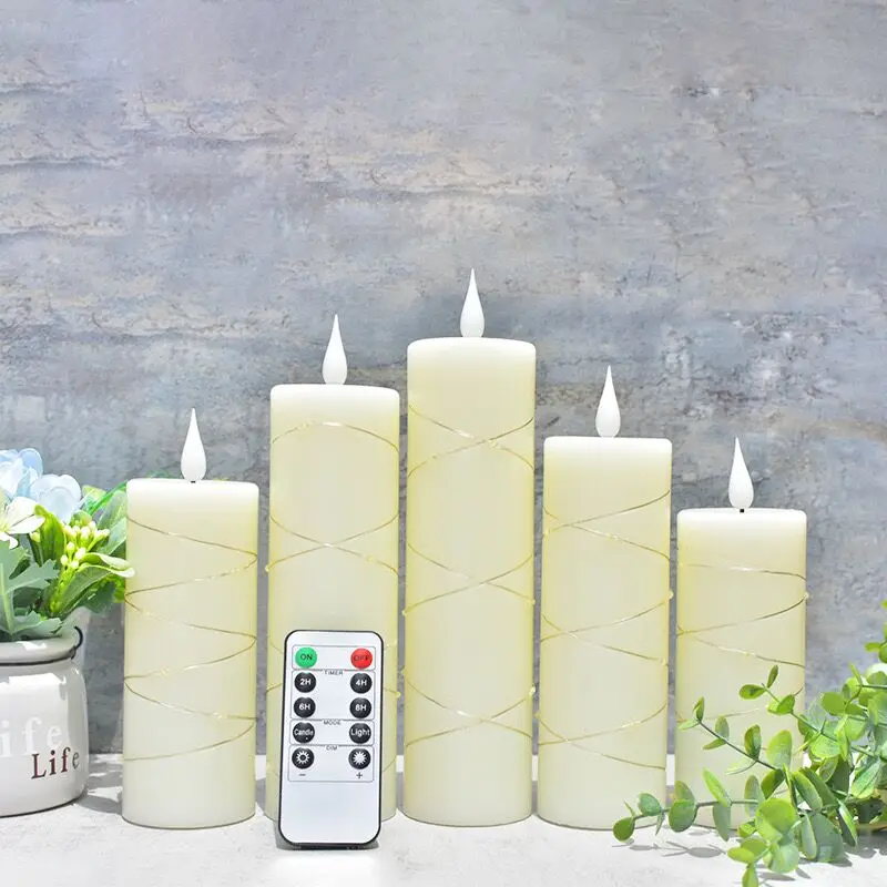 Pack of 5 Led Candle embedded Fairy String Light Electric Flickering candle w/timer Remote Control Paraffin 3D wick Table D5.5cm