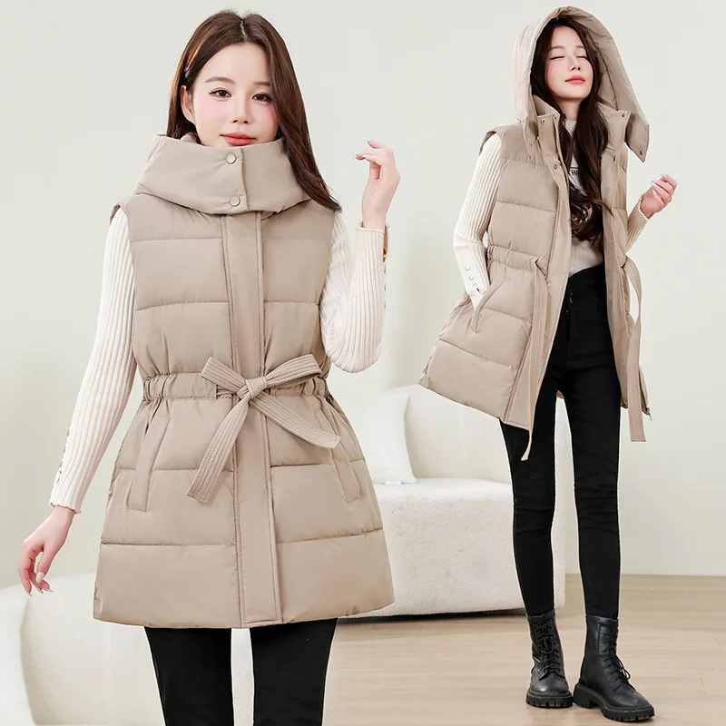 2026 Autumn Winter Women's Cotton Vest Jacket Casual Ladies Waistcoat Temperament Korean Soild Warm Sleeveless Outwear with Belt