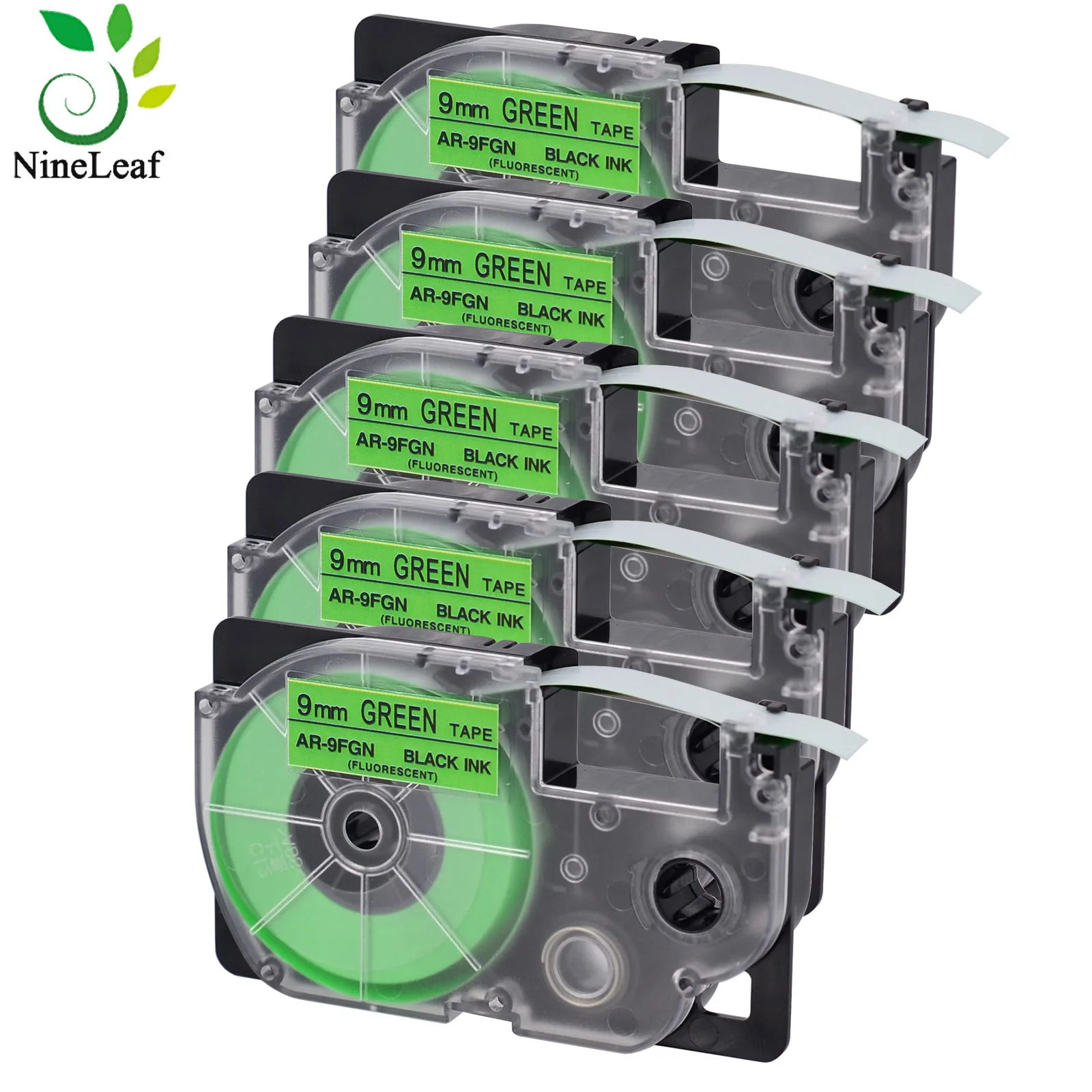 5PK Fluorescent Tapes 9mm Compatible For Casio AR-9FGN Black on Fluro Green For KL-60 KL-60SR KL-C500 KL-P350W Label Printer