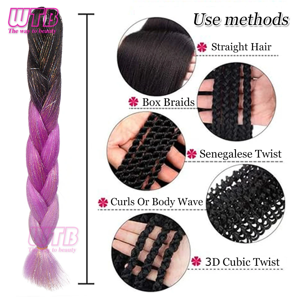 Extensiones de cabello trenzado preestirado, Pelo trenzado de ganchillo degradado, color negro, morado y azul