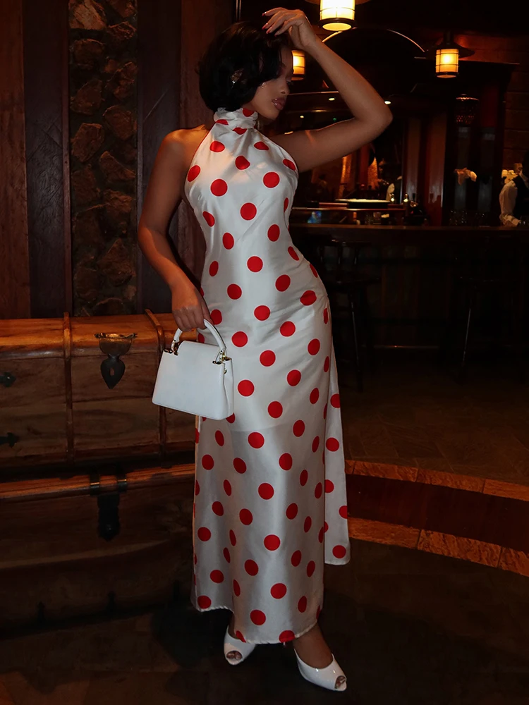 Weird Puss Sexy Rückenfreies Langes Kleid für Damen, Polka-Dot-Druck, Schnürung, Neckholder, Rollkragen, Ärmellos, Mitternachtsparty, Elegante Vestidos – Detail 12