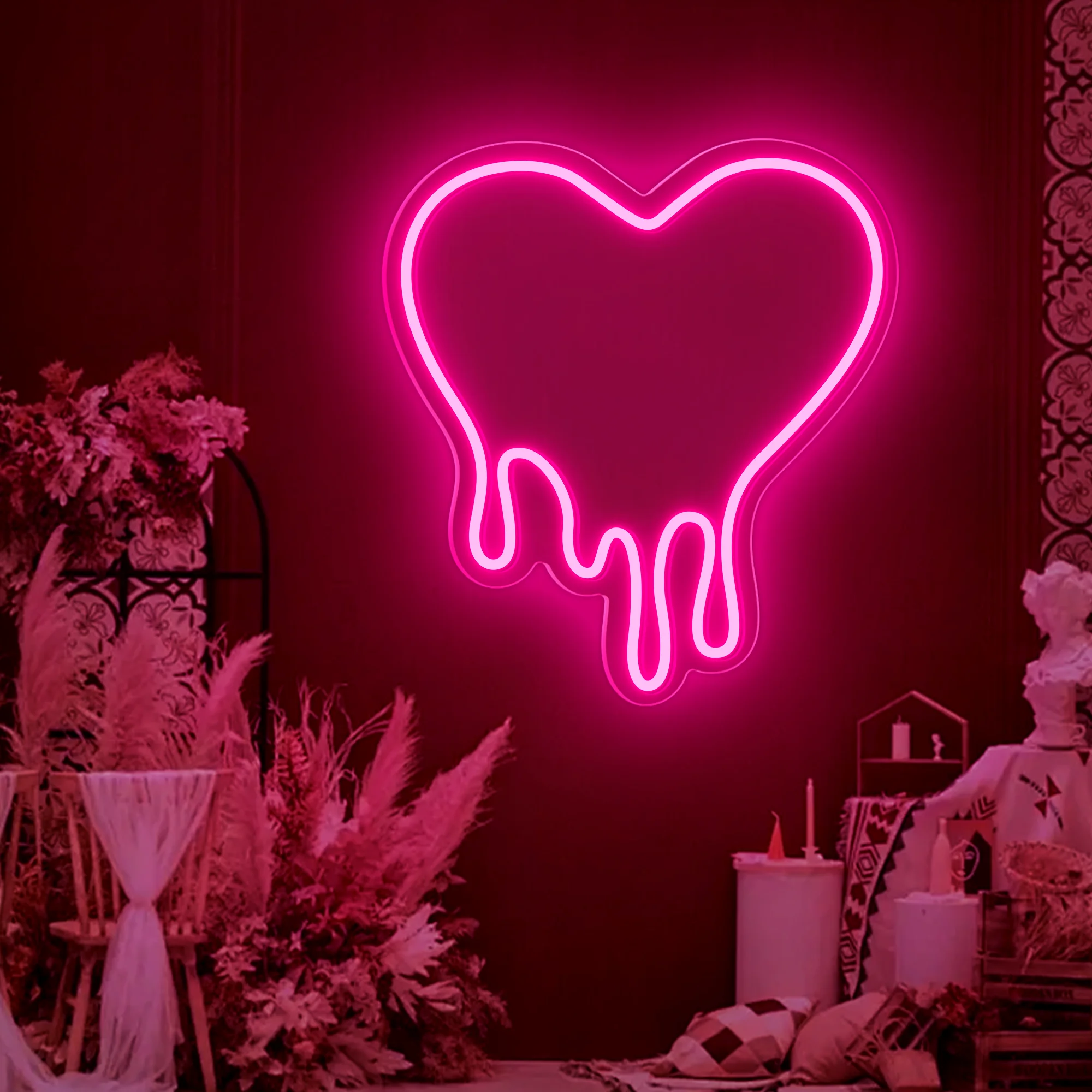 Amor Coração Forma Neon Sign Wall, Luzes LED penduradas, Lâmpadas USB para casamento, Sala de estar, Decoração de aniversário