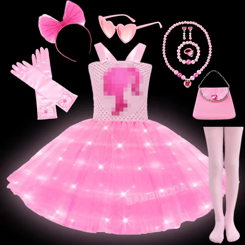 Led Lights Pink B-b Costumes for Girls Sparkly Princess Ballet Tutus Dresses Outfit with Glasses Bag Holiday Clothes 3-12Y