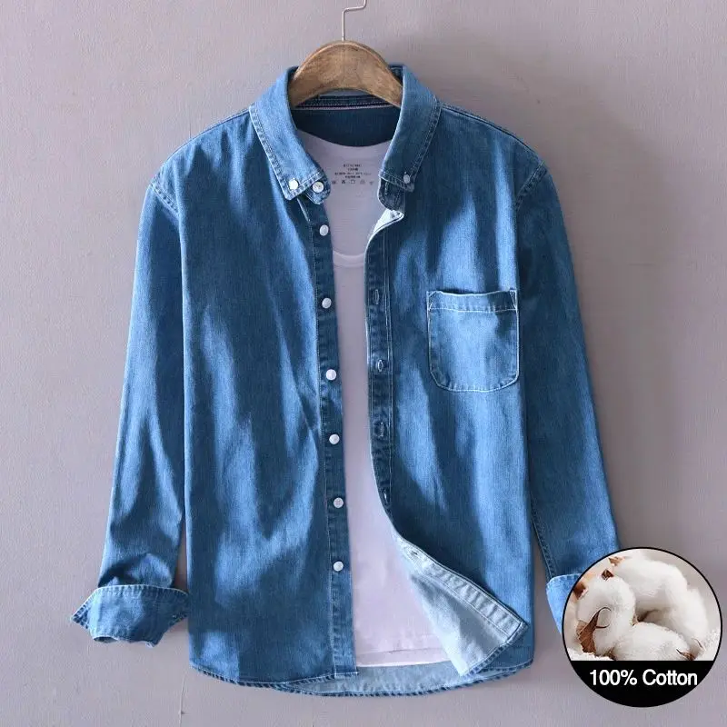 100% Cotton Black Denim Shirt Men's Spring New Fashion Korea Thickened Fleece Lined Nine-Quarter Sleeve  Collar