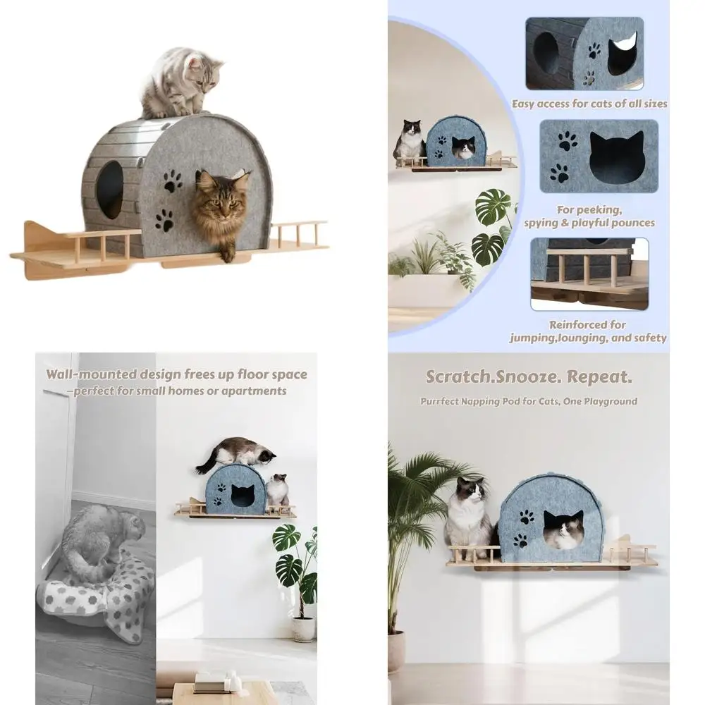 

Большая серая настенная полка для кошек с войлочной лежанкой и двумя входами, основание из массива дерева для домашних кошек