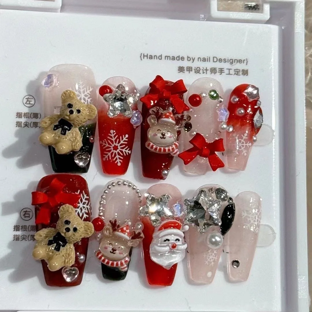 

Nails Set Press On Pure Handmade Wearable Nails Love Butterfly Fashion Fake Nails bear Black Write Blue Pink Accessories