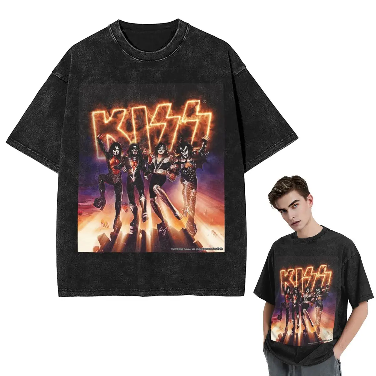 

Уличная одежда Футболки KISS The Band - Destroyer Fire Log Washed Футболка с коротким рукавом Хип-хоп Футболка Топы Футболки для мужчин и женщин