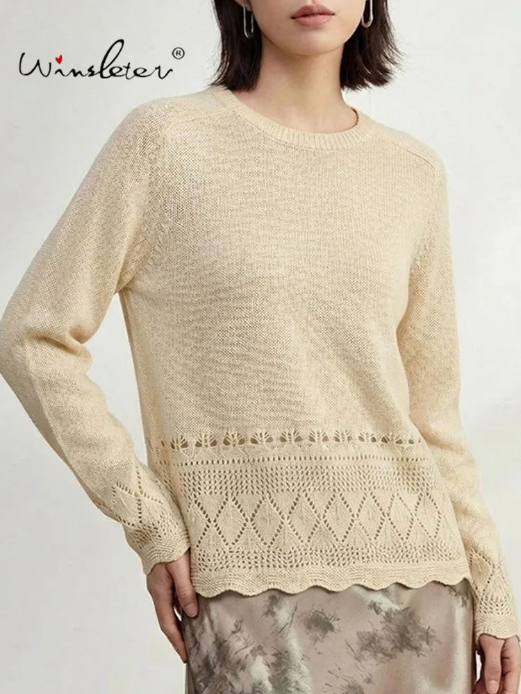 Winsleter-Silk Blended Elegant T-Shirt, O Neck Hollowed-out, Women French Commute Thin Knit Loose Top, 2026 Autumn New T67573CC