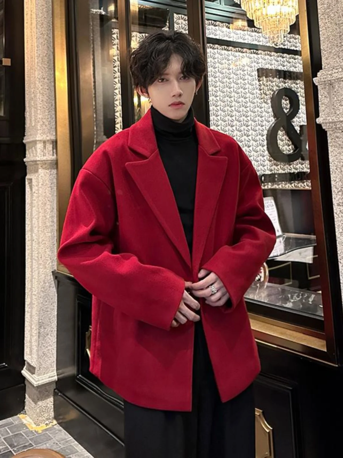 

Red Men's ort Suit Jaet Autumn Winter Tweed Wedding Dr Code Casual Sli Warmth Outerwear Polyester Fiber Long Sve