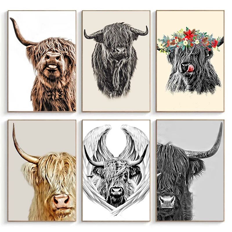 Cute Higland Cattle and Baby Canvas Paintings Animals Posters and Prints Wall Art Pictures for Living Room Decoration Cuadros