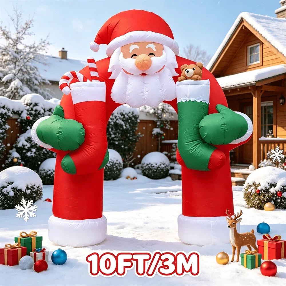 10FT/3M Christmas Inflatable Model Santa Archway with LED Light Up Santa Arch with Stockings Outdoor Yard Xmas Decoration