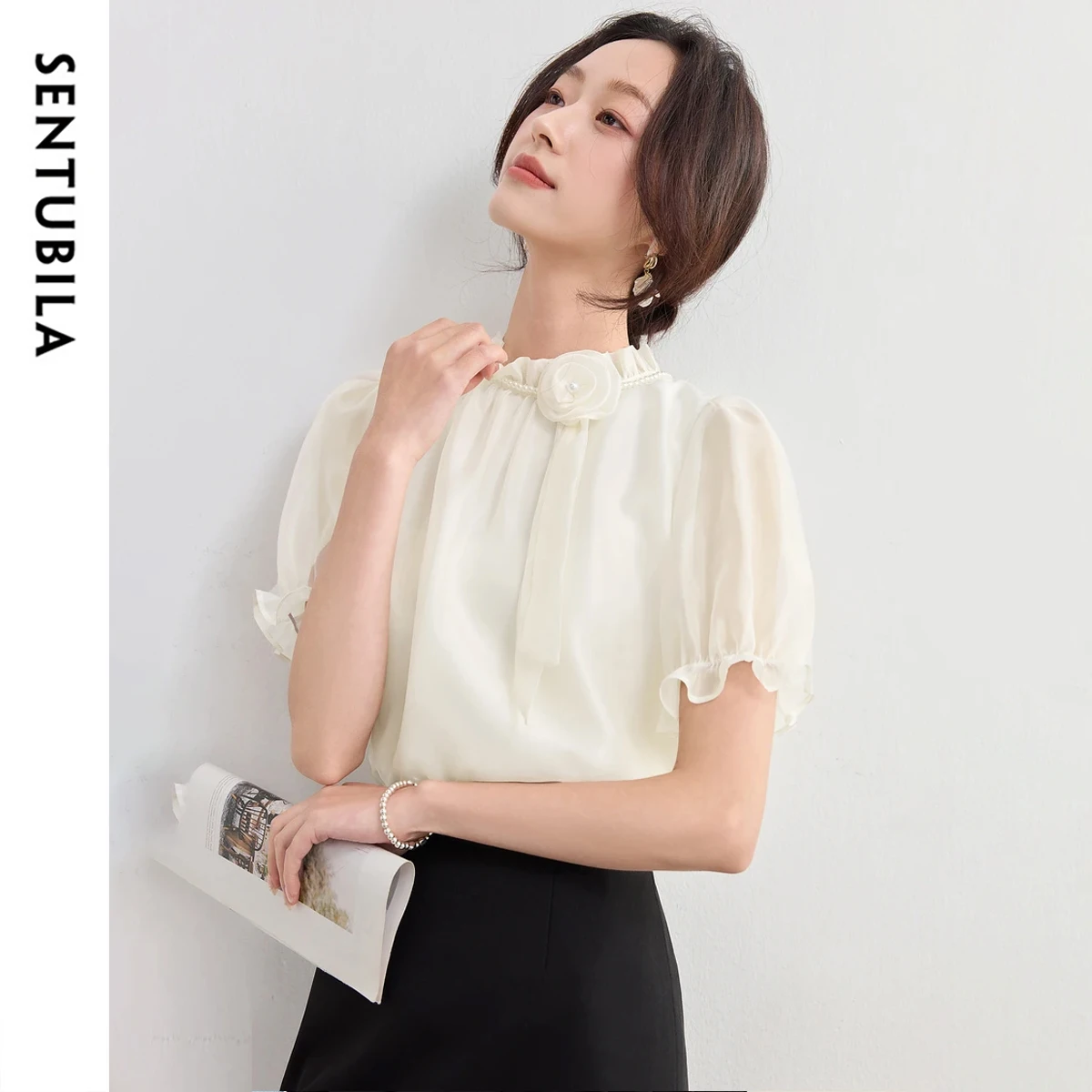 

SENTUBILA Women Chiffon Blouse 2025 Elegant Flounces Sleeve Tops Office Wear Rose Floral Shirt Summer Women's Clothing 152VA1938