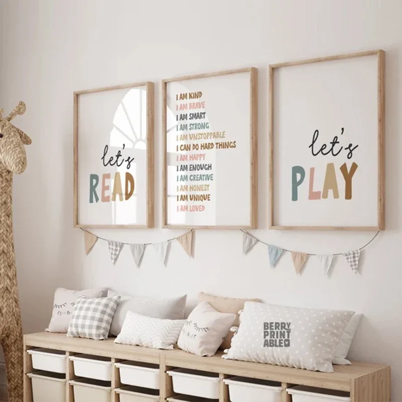 Neutral Playroom Kids Positive Affirmations Poster Let's Play Together Read Together Nursery Canvas Painting Wall Art