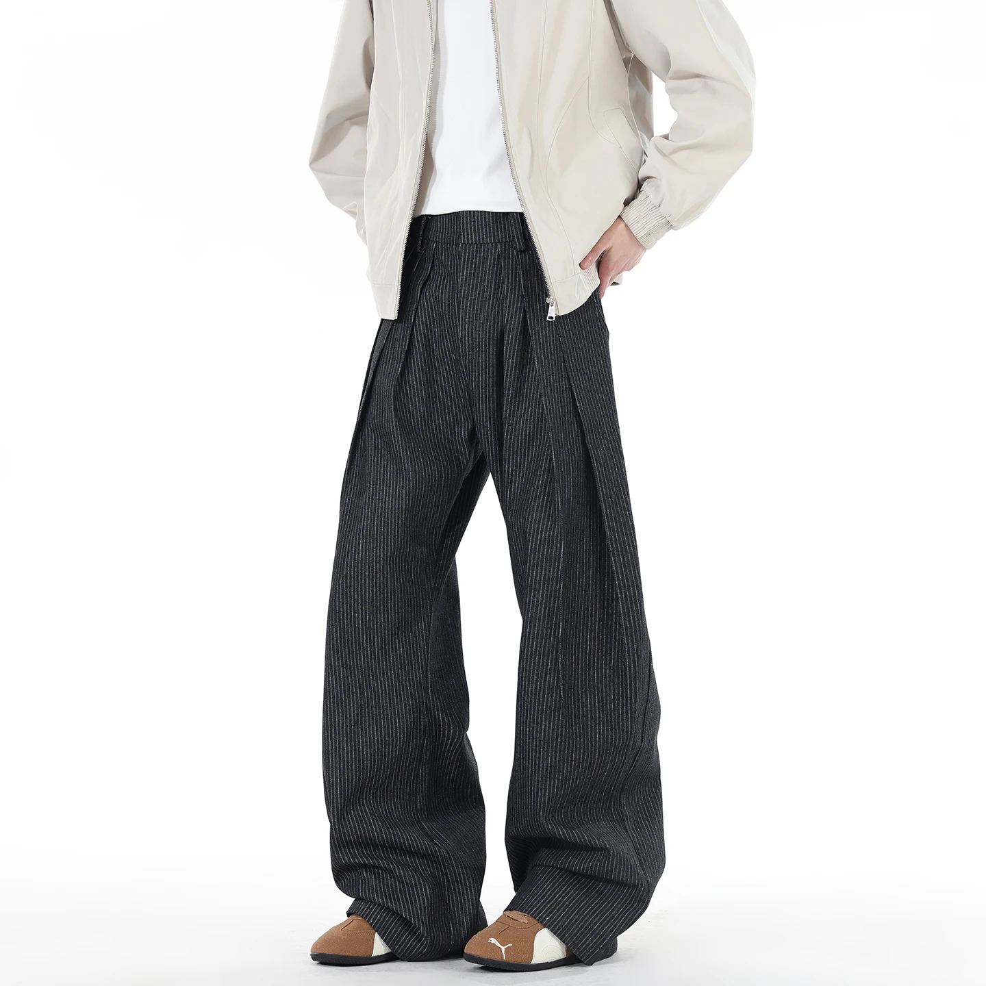 

American Style Pleated A-Line Stripe Men's Casual Pants Draped Wide Leg Loose Handsome Old Money Style Knife Trousers