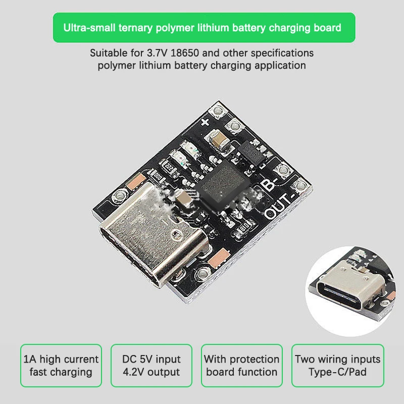 Ultra-Small Lithium Battery Charging Board 1A 3.7V4.2V Charger Module Type-C With Protection Board