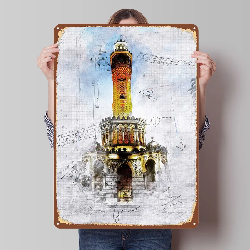 برج ساعة إزمير ألوان مائية علامات صفيح ملصق تاريخي ديكور غرفة النوم ديكور الغرفة لوحات رجالية فن جداري داخلي عتيق #1