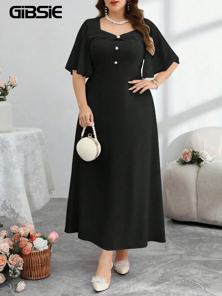 

GIBSIE Plus Size Sweetheart Neck Button Detail Butterfly Sleeve Dress Women Black Elegant A-line Party Long Dresses 2026 Summer