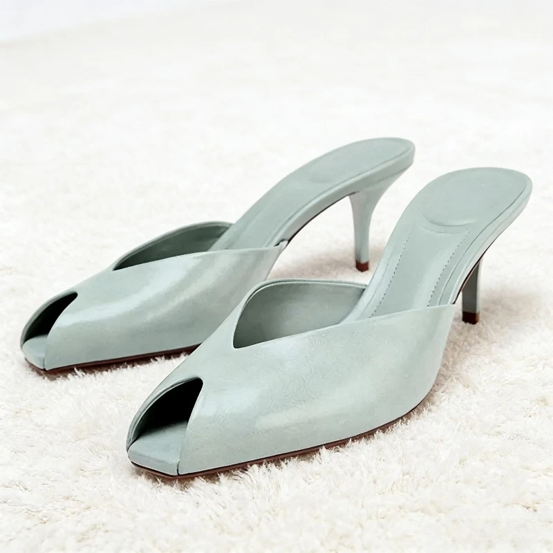 

Sexy Peep Toe Design Brand High Heel Slippers Women High Quality Patent Leather Thin Heel Slide Sandals Fashion Party Dress Shoe