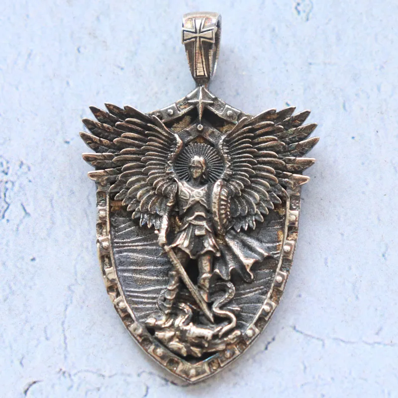 

13g Saint Archangel Michael Pendant Serpent Shield Wings Sword Customized 925 SOLID STERLING Silver High Trendy