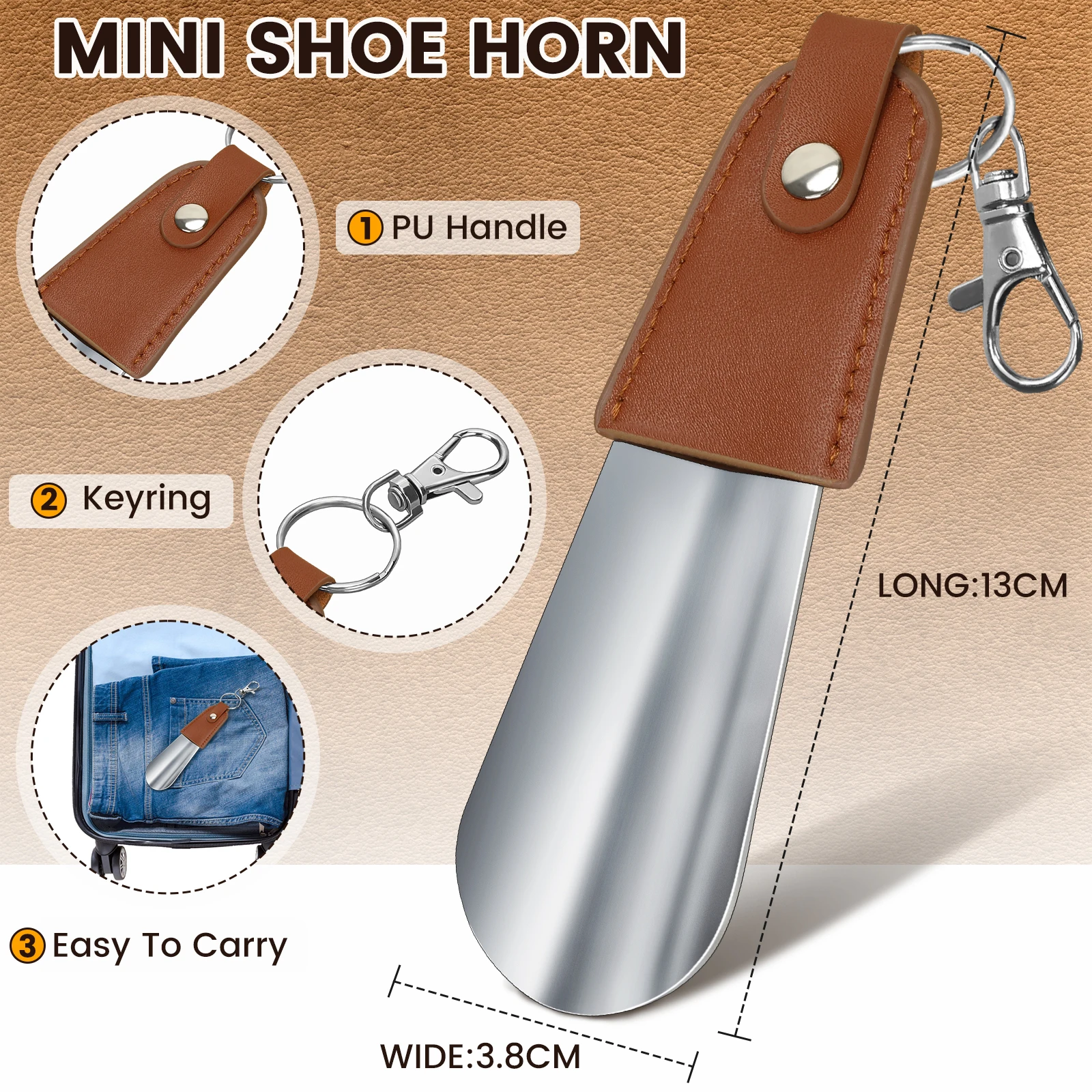 Metal Shoe Horn Mini Shoe Lifter Portable Travel shoes spoon for seniors with Leather Handle Deduction Shoehorn for Keychain