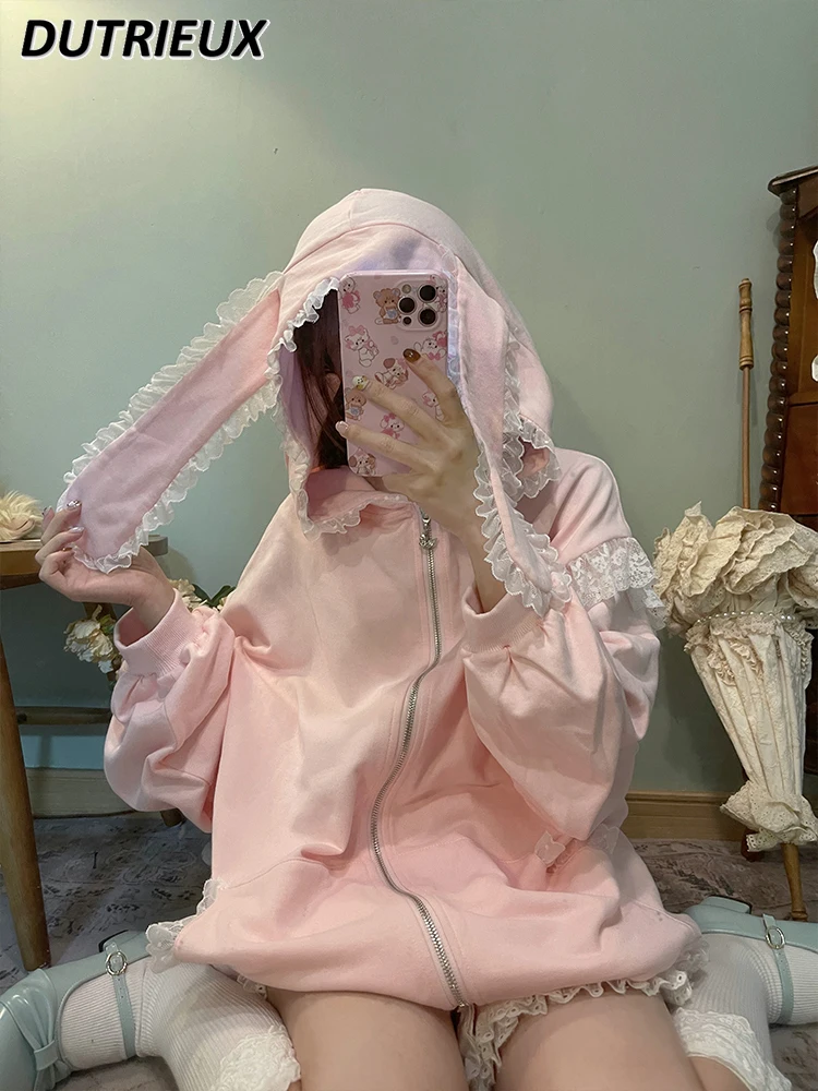 Sweet Girl Rabbit Ears Lace Hoodie Coat Female 2024 Spring Autumn New Long-Sleeved Pink Zipper Cardigan Outerwear Sweatshirt