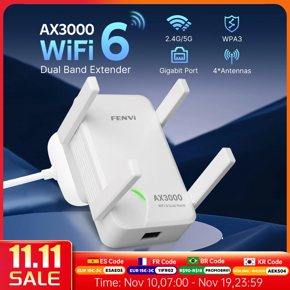

Ретранслятор FENVI WiFi 6 AX3000, двухдиапазонный, 2,4/5 ГГц, 802,11 Акс, гигабитный беспроводной усилитель сигнала, 4 антенны с высоким коэффициентом усиления, усилитель дальнего действия