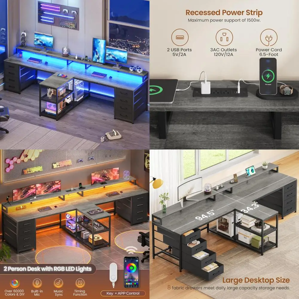Dual-Person Gaming Desk with 8 Drawers, LED Lights, Storage, and Power Strip for Long Office Computer Desks
