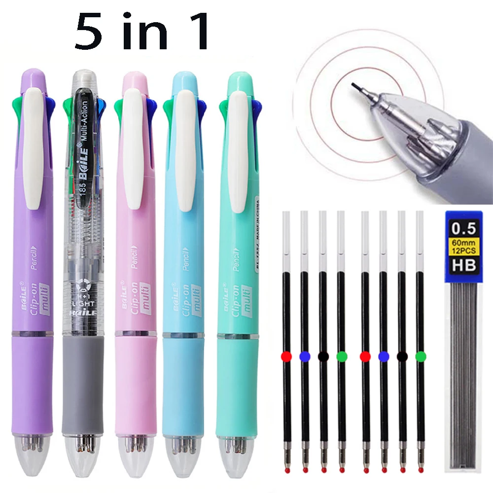 

19pcs/set 5 in 1 Multi functional color pen Creative Multi colored ballpoint pens 4 ballpoint pen refills +1 Automatic pencil