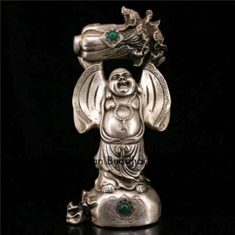 

7.87" Chinese copper silvering inlay gem Chinese cabbage Maitreya Buddha statue