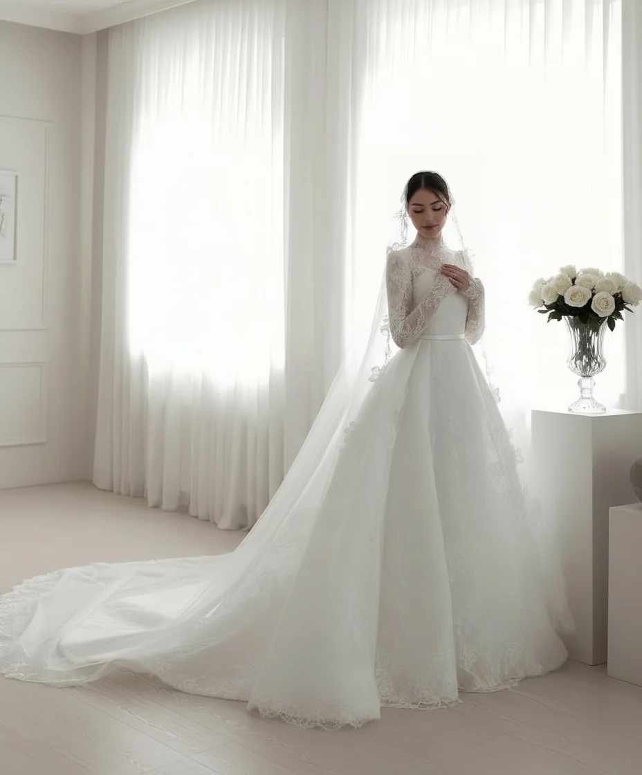 

Elegant High Neck Long Sleeve Lace A-Line Wedding Dress Amanda Novias Bridal Gown Customizable Vestido De Novia