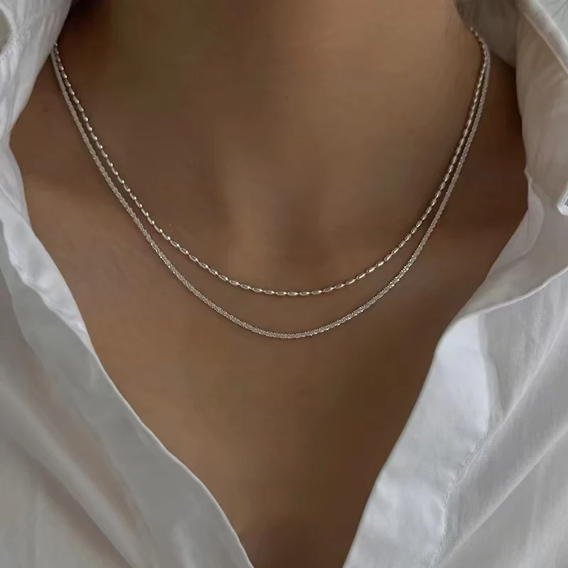 925 Sterling Silver Double Layer Necklace Exquisite Shiny Personality Charm Woman Choker Birthday Party Gift Exquisite Jewelry