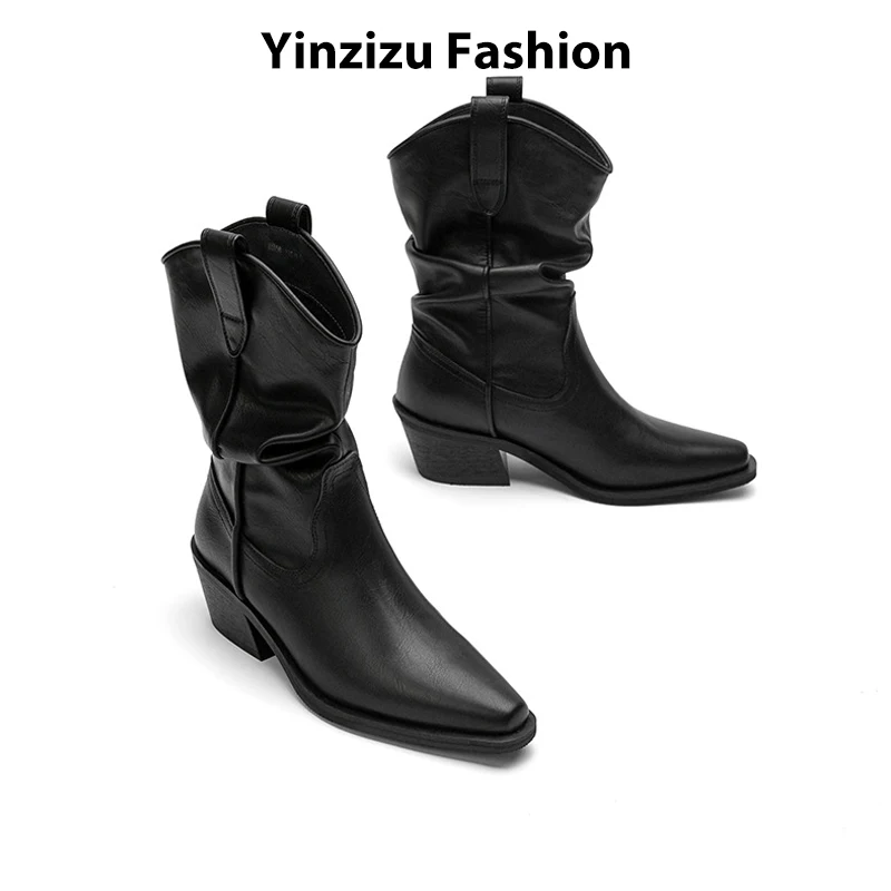 

Модные женские ботинки челси, осенне-зимние новые ковбойские сапоги на массивном каблуке, женские свободные плиссированные ботинки до середины икры в стиле вестерн