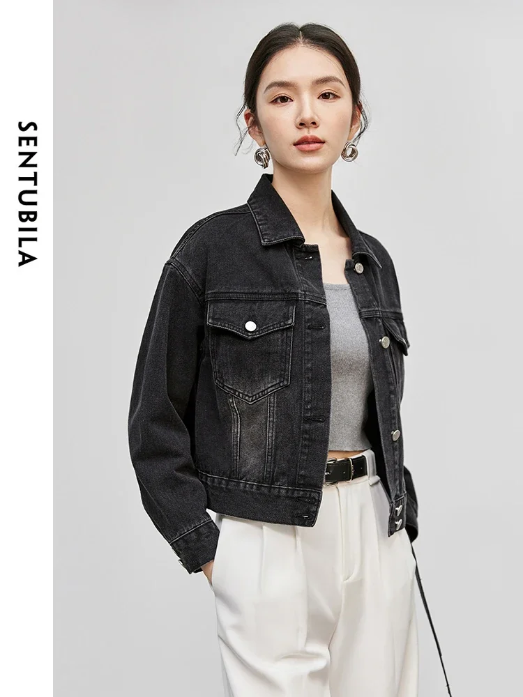 SENTUBILA Vintage Black Denim Jacket for Women 2024 Autumn Casual Long Drop Sleeve Short Denim Coat Woman\'s Clothing W43W56138