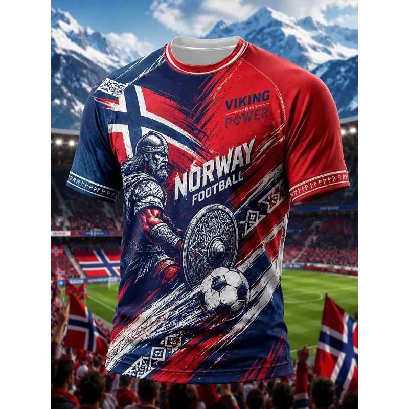 2026 Unisex Norway Football Soccer Jersey 3D Viking Warrior Shield Print Nordic Graphic Short Sleeve Game Day Fan Streetwear Tee