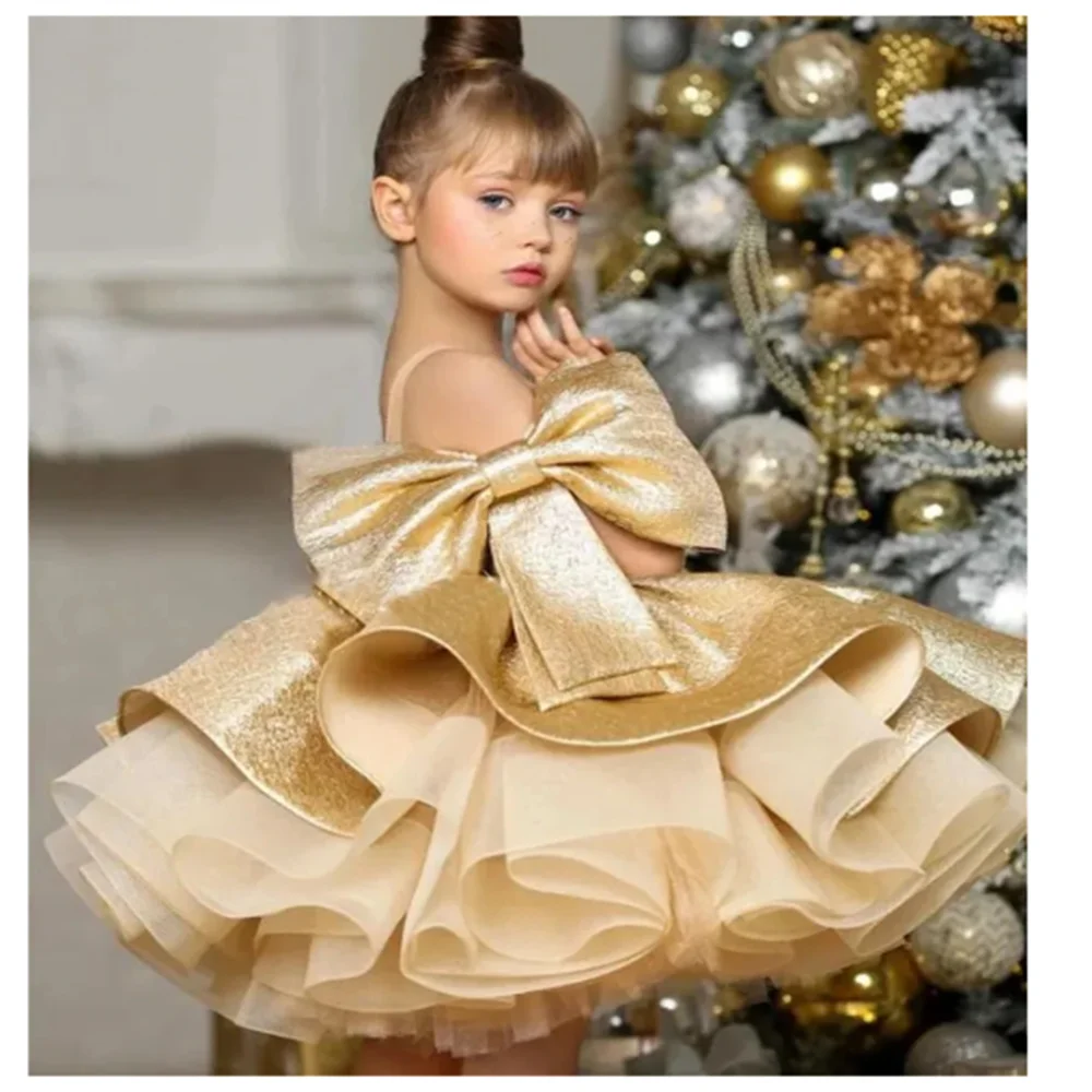 

Flower Girl Dresses Puffy Gold Satin Italian thin shoulder straps Glitter Wedding Party Dress Bow Toddler Baby Birthday Pageant