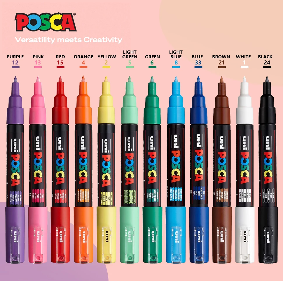 UNI POSCA Marker Stift 12 Farbe Acryl Plumones Rotuladores PC-1M, 3M, 5M POP Poster Stift Stoff Farbe Marker Kunst Malerei 1PC – Detail 1