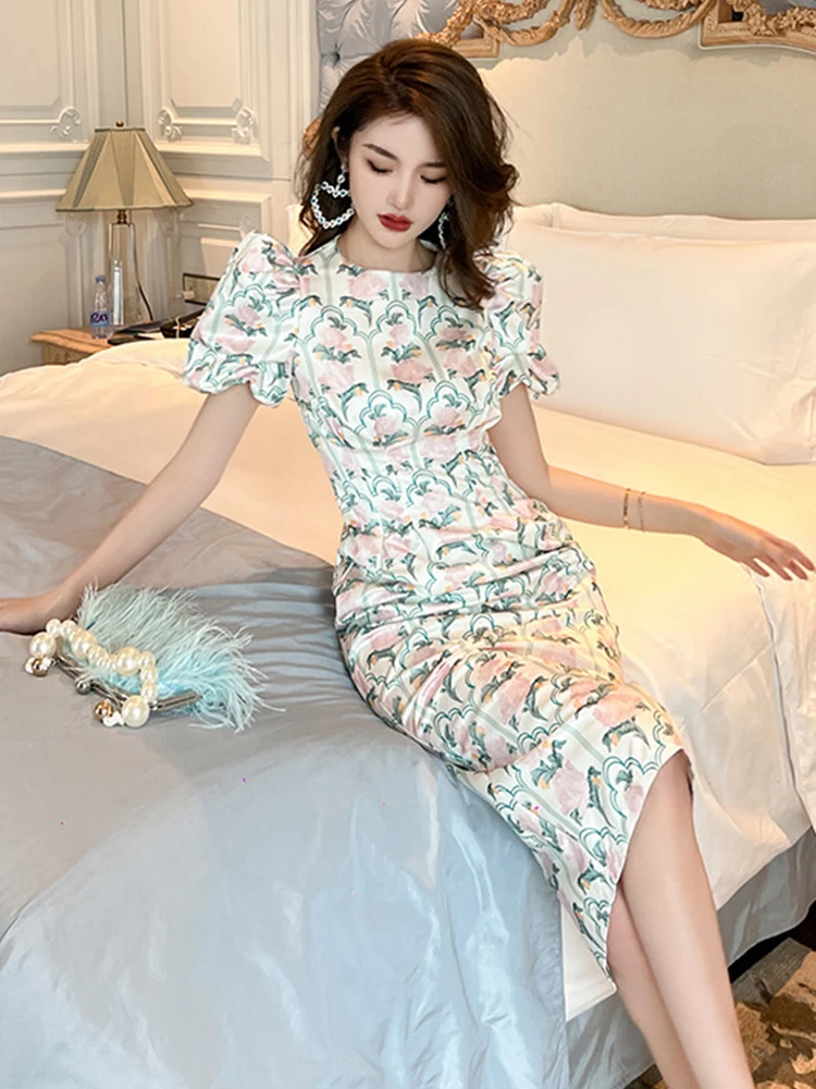 Summer Elegant Office Women Evening Dress Sweet Print O-Neck Slim Midi  Dresses Party Gown Vacation Birthday Robe Mujer Vestidos