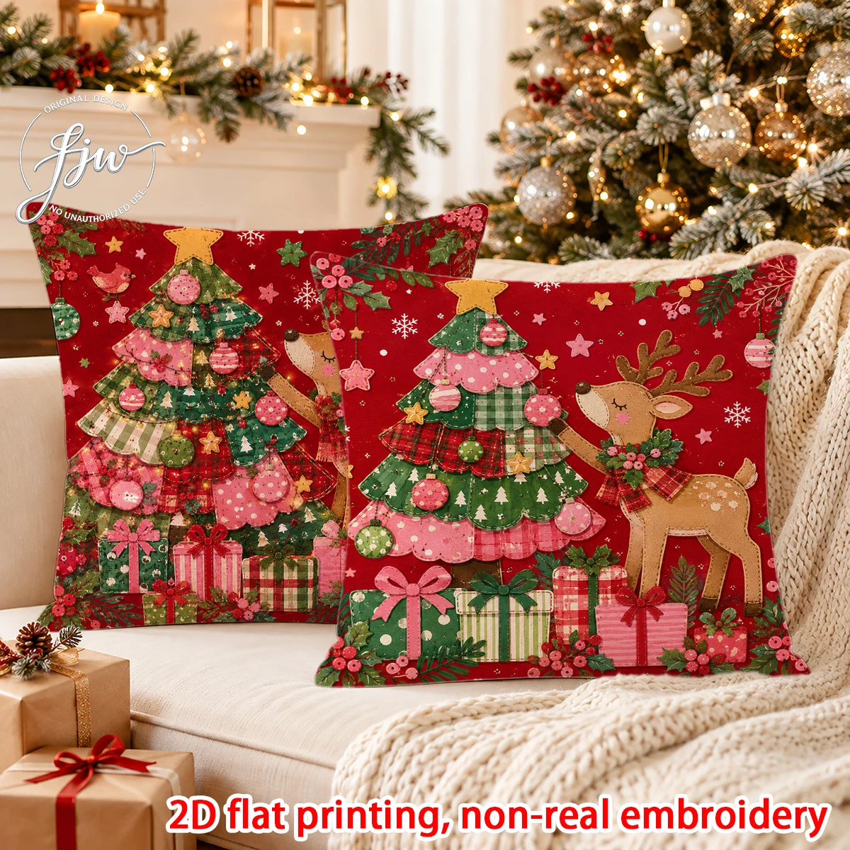 2pcs Christmas Throw Pillow Covers 2PCS Xmas Tree Reindeer Snowman Wreath Holiday Decorative Cushion Cases for Home Sofa Couch
