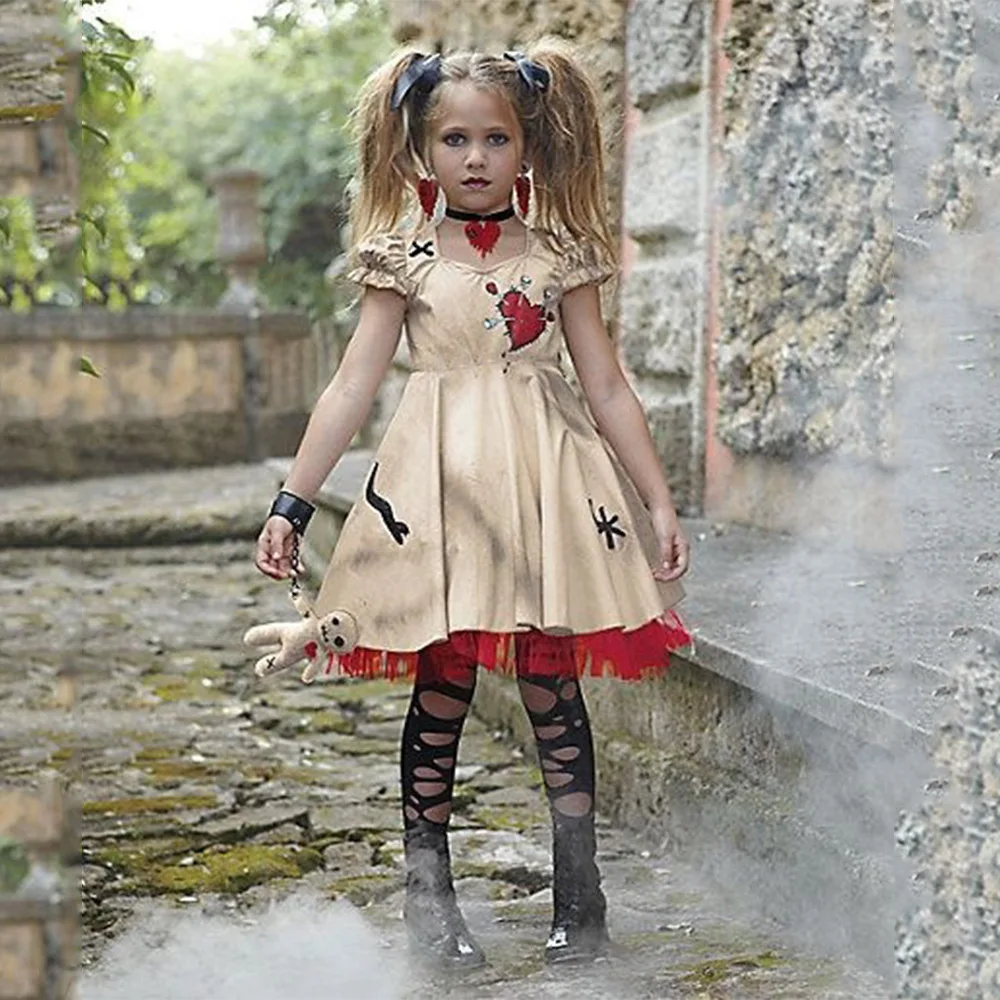 Kids Doll Costume Halloween Girls Scary Broken Heart Dress Outfit Carnival Party Fancy Dress