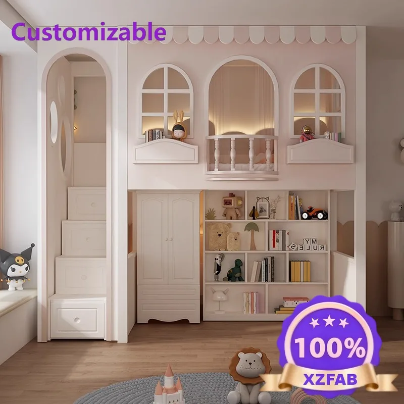 Factory Direct 2026 Full solid wood high and low bed children's bed mother bed tree house castle girl princess up and down