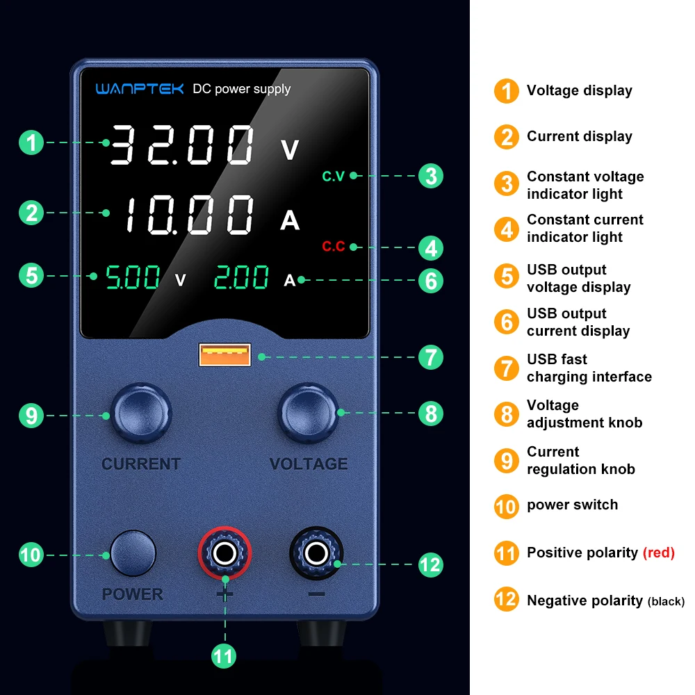 Wanptek DC Power Supply 30V 10A 60V 5A 120V 3A Adjustable Laboratory Power Supply with USB fast Charging Bench Power Supplies