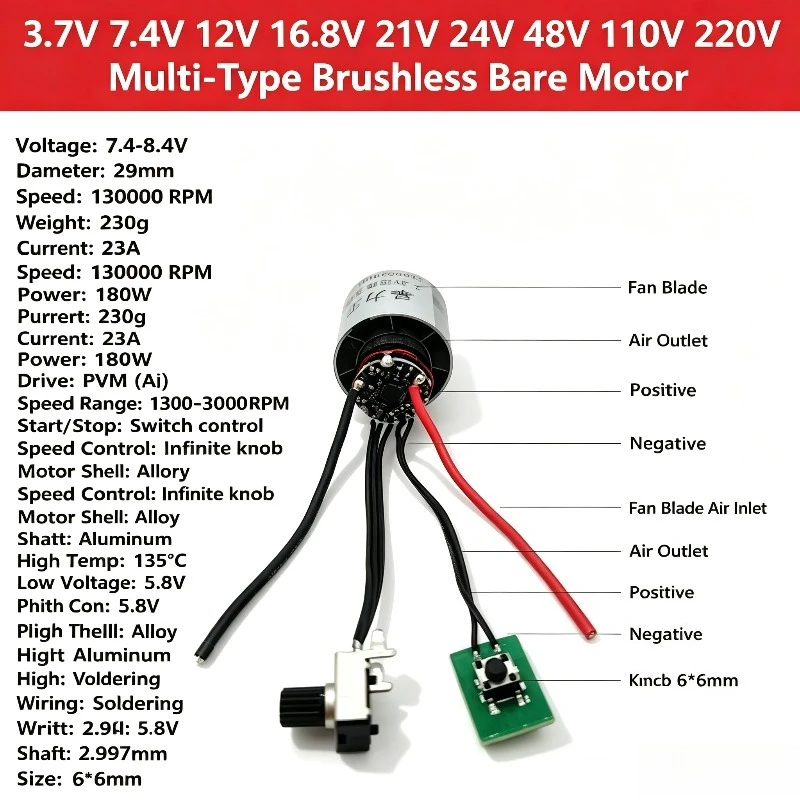 Brushless Bare Motor 3.7V 7.4V 12V 16.8V 21V 24V 48V 110V 220V Multi-Voltage High Speed Brushless Bare Motor DIY Fan Power Tools